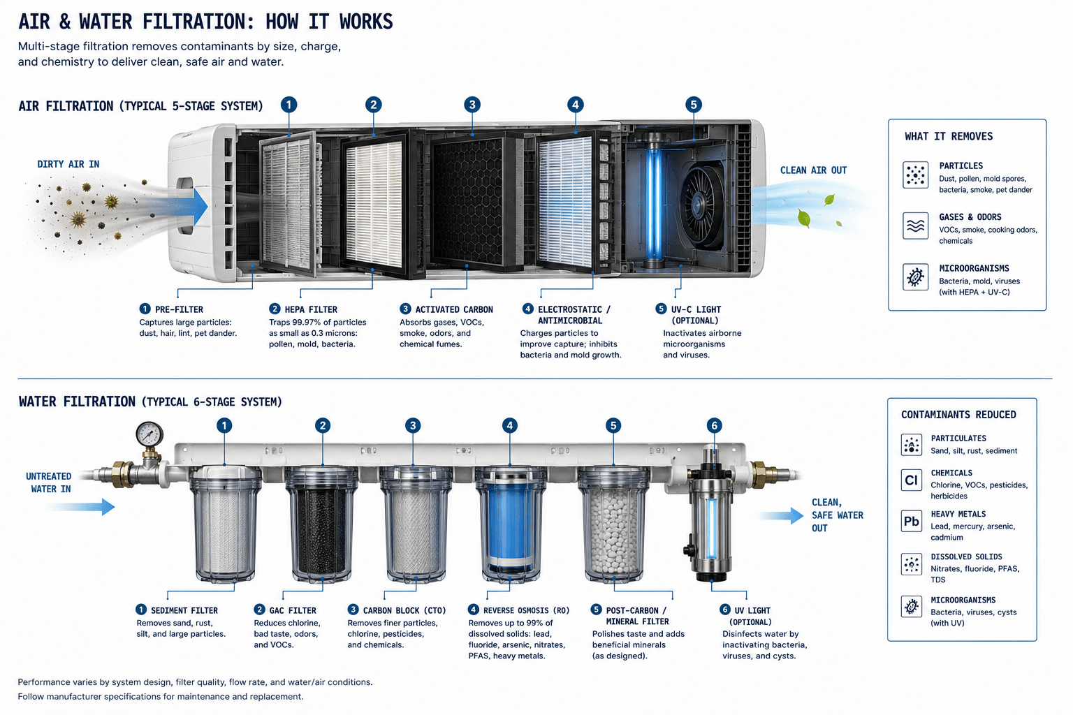 Air and water filtration overview: a five-stage air filter (pre-filter, HEPA, activated carbon, electrostatic/antimicrobial, UV-C) and a six-stage water filter (sediment, GAC, carbon block, reverse osmosis, post-carbon mineral filter, UV) with the contaminants each stage removes.