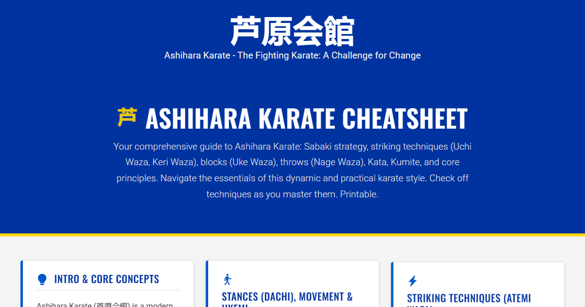 Preview for Ashihara Karate Cheatsheet: Ultimate Guide to Sabaki, Strikes & Kata (Printable & Trackable)