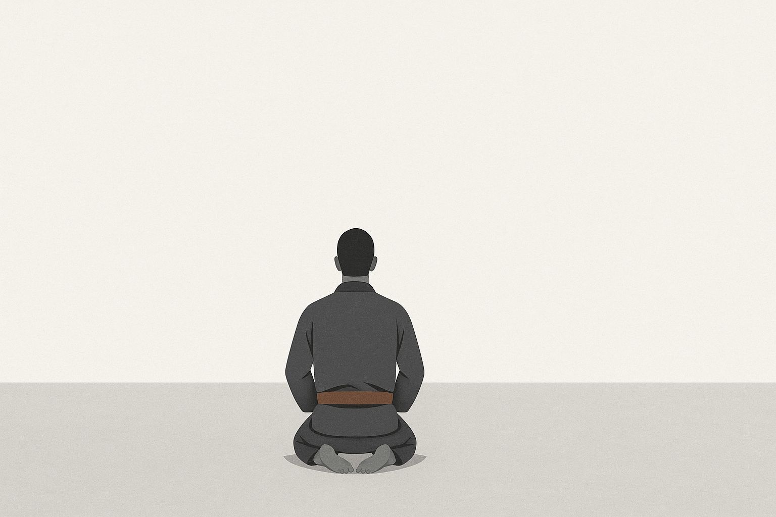 Minimalist illustration of a BJJ practitioner meditating in seiza, seen from behind