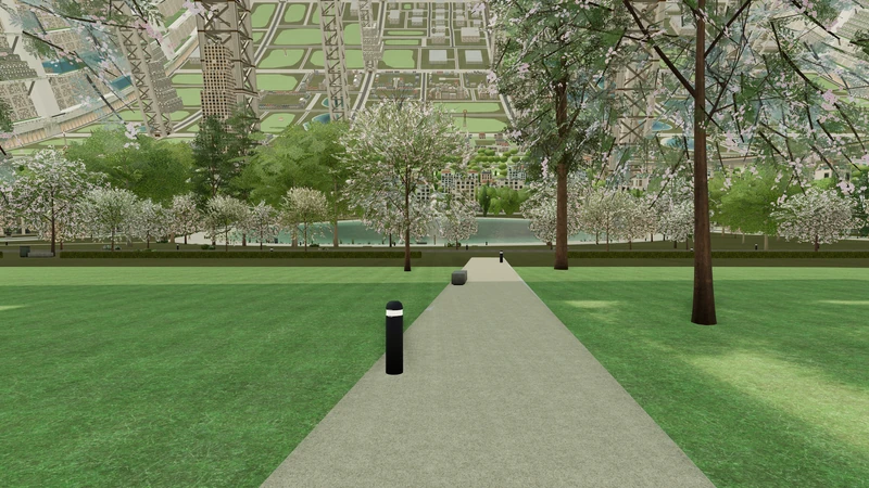 A path through a lakeside park inside a Concordia rotor: trees and a lake ahead, and the curved ground of the far city arching overhead