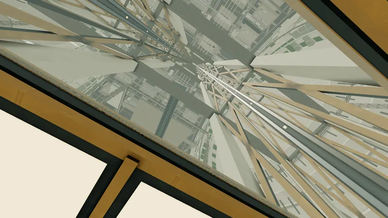 Looking up through the 450 metre artificial sky of a Concordia rotor: a lattice of towers and plates converging toward the axis, with the far side of the city visible overhead