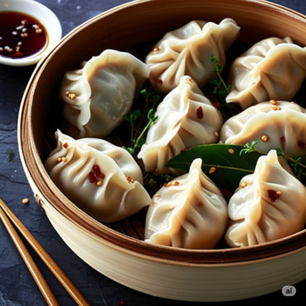 Traditional Chinese dumplings with dipping sauce and chopsticks on a rustic table.