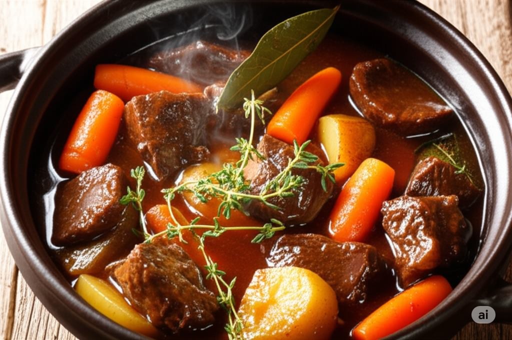 A rustic pot of French beef bourguignon stew with fresh herbs.