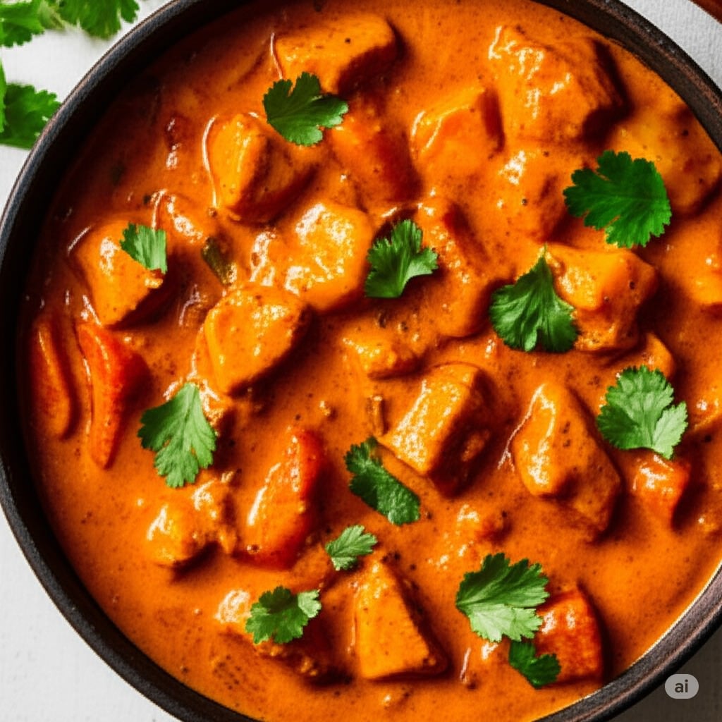 A vibrant bowl of Indian Chicken Tikka Masala curry with naan bread.