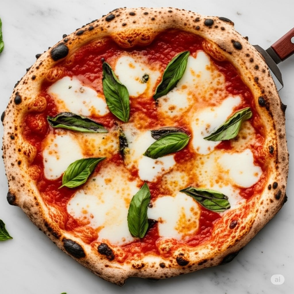 A classic Italian Neapolitan pizza with fresh basil and mozzarella.