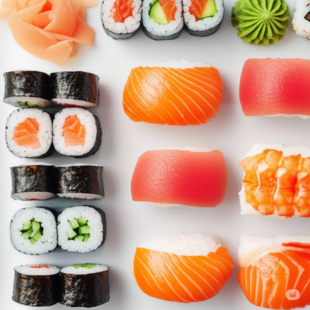 A colorful and assorted platter of Japanese sushi and sashimi.