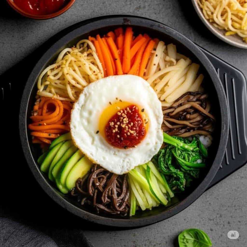 Traditional Korean bibimbap in a stone bowl with rice, vegetables, and egg.