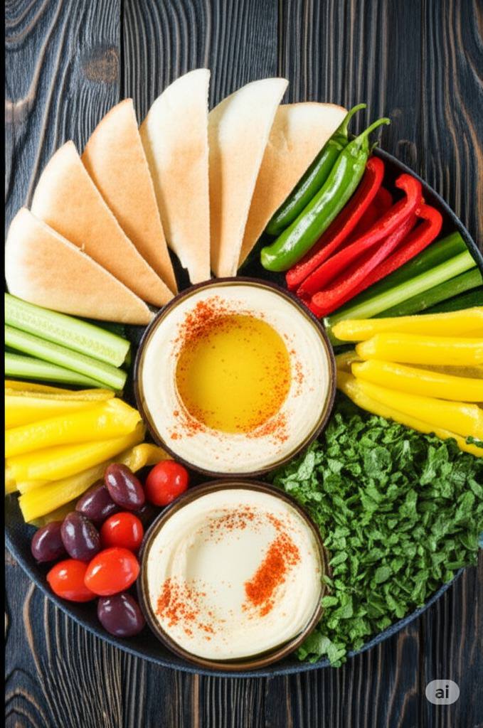 A traditional Lebanese mezze spread with hummus, tabbouleh, pita, and fresh vegetables.