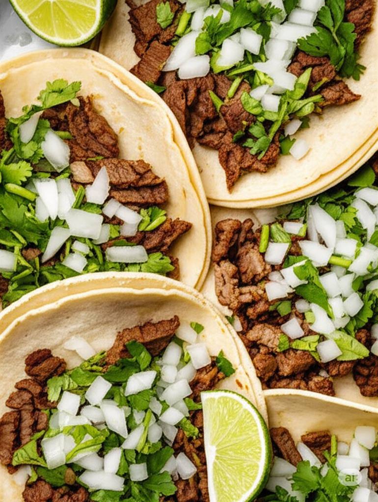 Authentic Mexican street tacos with fresh cilantro, onions, and lime wedges.