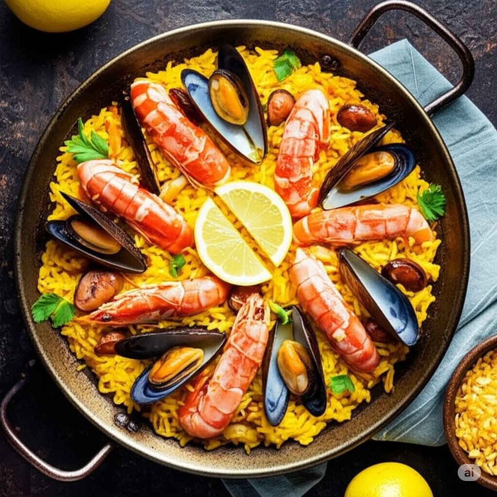 Traditional Spanish paella with seafood, rice, and saffron in a large paella pan.