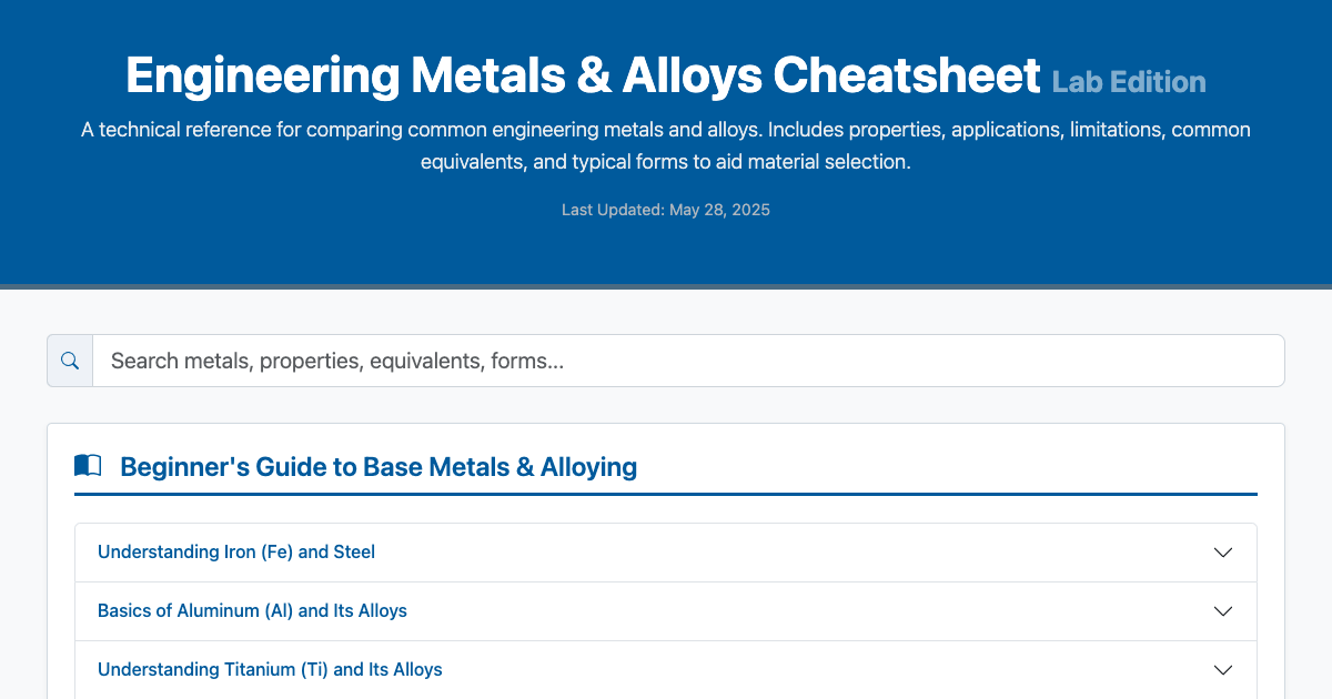 Preview for Engineering Metals & Alloys Cheatsheet | Properties, Equivalents, Selection Guide