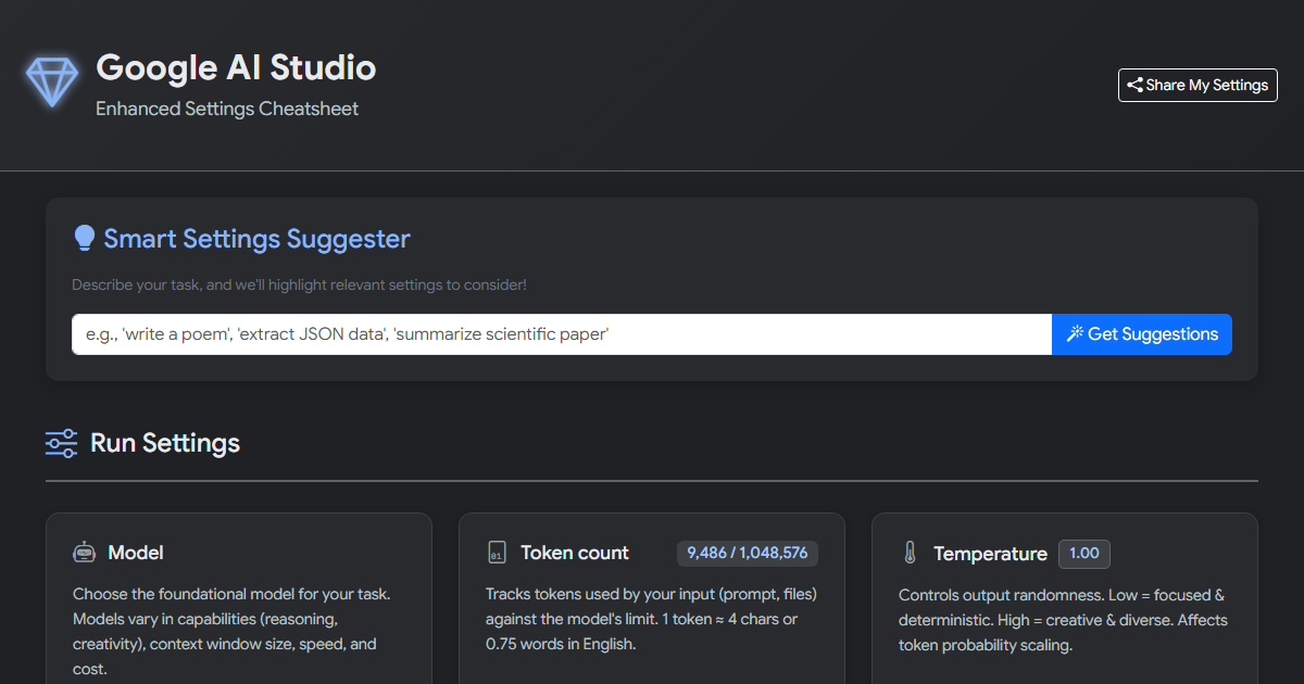 Preview for Enhanced Google AI Studio - Settings Cheatsheet