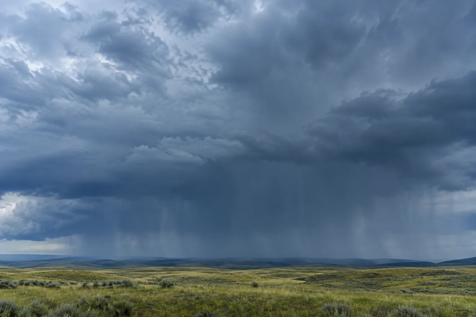 Illustrated rain shower over a low landscape, illuminated by light from behind the viewpoint