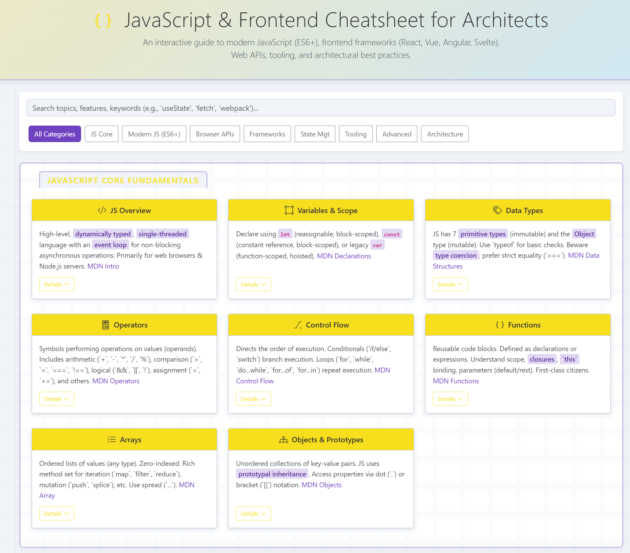 Preview for Interactive JavaScript & Frontend Cheatsheet: Modern JS, React, & Ecosystem Guide for Architects