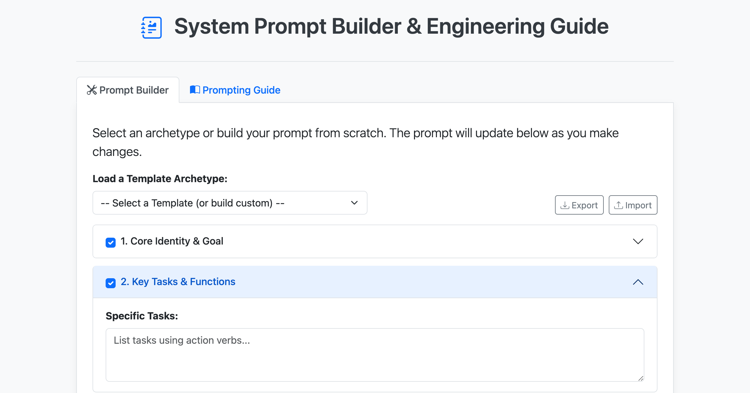 System prompt builder cheatsheet preview
