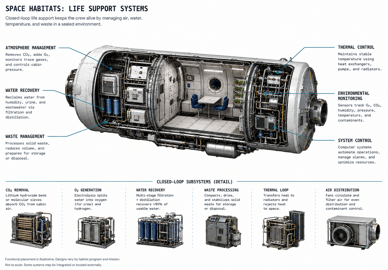 Space habitat life-support cutaway labeling atmosphere management, water recovery, waste management, thermal control, environmental monitoring, and system control, above a detail row of closed-loop subsystems: CO2 removal, O2 generation, water recovery, waste processing, thermal loop, and air distribution.