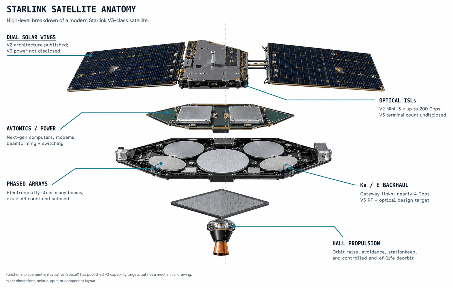 Starlink V3 satellite anatomy: exploded diagram labeling the dual solar wings, avionics and power plane, phased-array antennas, optical inter-satellite laser links, Ka/E-band backhaul, and Hall-effect propulsion.