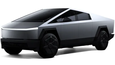 Tesla Cybertruck studio shot showing its stainless steel exoskeleton, three-quarter front view.