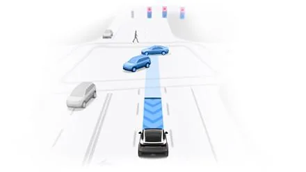Illustration of Tesla Full Self-Driving vision system detecting a pedestrian, vehicles, and traffic lights at an intersection.