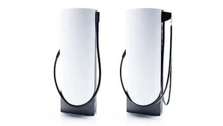 Pair of Tesla Megacharger stalls for Semi trucks, studio shot.