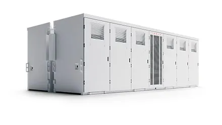 Tesla Megapack grid-scale battery enclosure, studio shot.