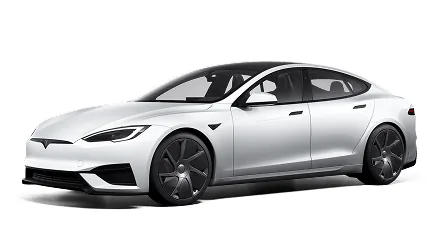 Silver Tesla Model S sedan studio shot, three-quarter front view.