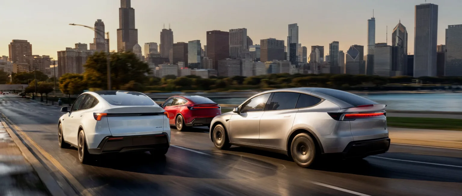 Three Tesla Model Y SUVs driving along Lake Shore Drive with the Chicago skyline at dusk in the background.