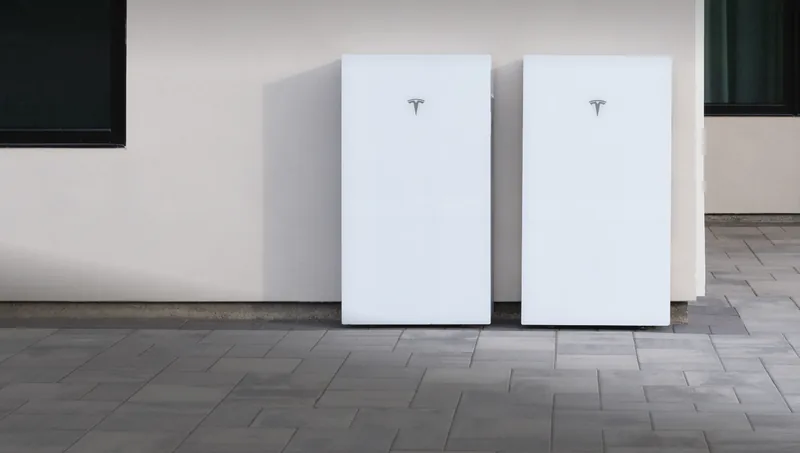Two white Tesla Powerwall units mounted on an exterior wall next to a patio.