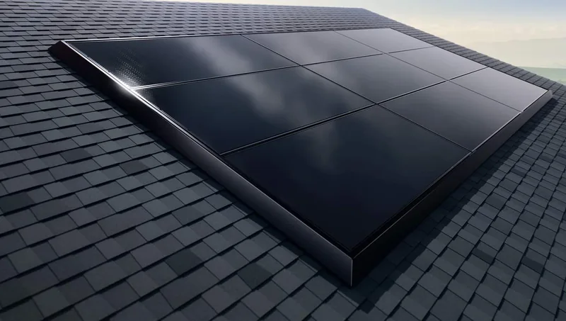 Close-up of black Tesla solar panels installed flush on a shingled roof.