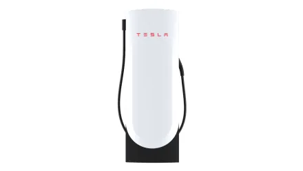 Tesla Supercharger stall, studio shot of the white pedestal and cable.