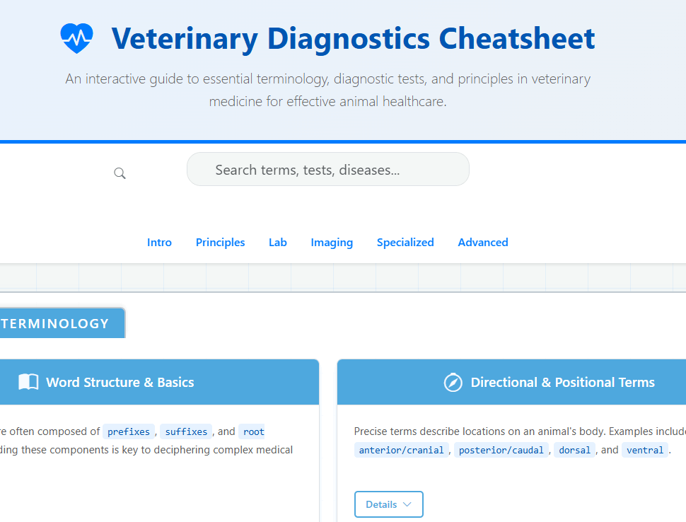 Preview for Veterinary Diagnostics Cheatsheet: Terminology & Tests Guide