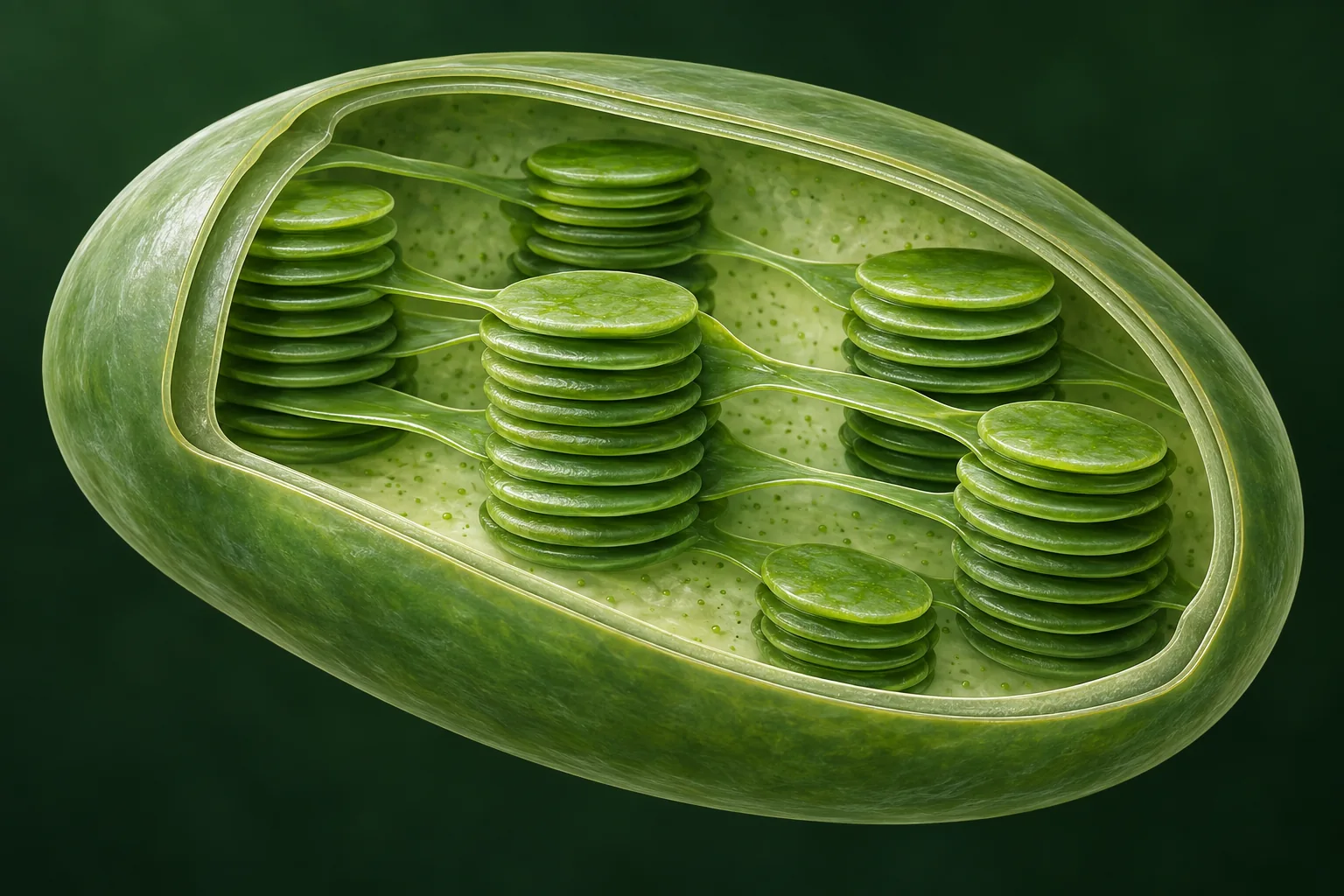 Cutaway illustration of an oval chloroplast showing stacks of green thylakoid discs connected by membranes inside its envelope.
