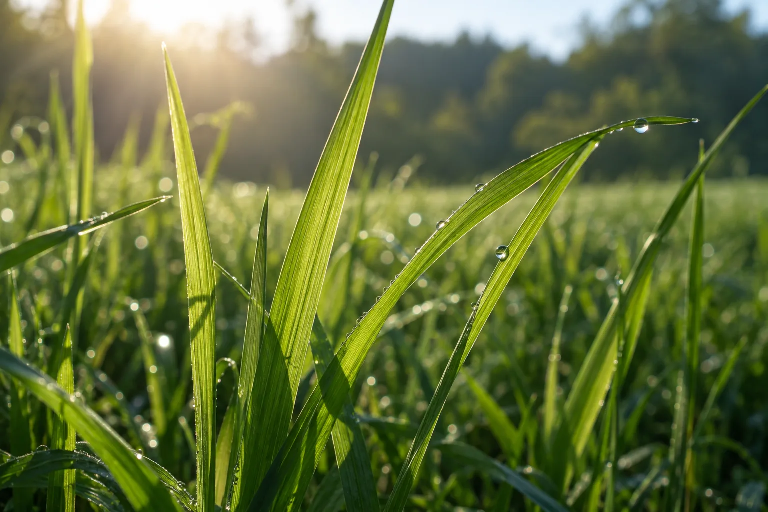 Sunlit grass blades with fine parallel veins, bright translucent edges and dew drops against a shaded green meadow.